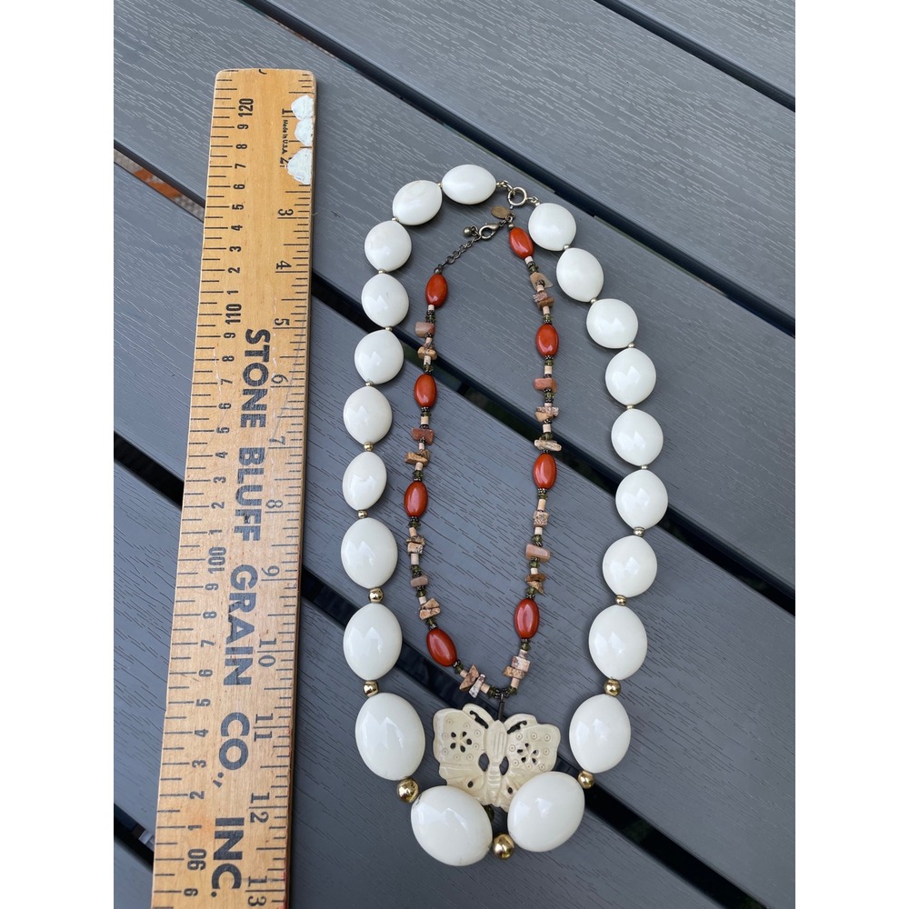 Beaded Necklace Set Vintage Butterfly Pendantâ Orange Cream Boho Layering